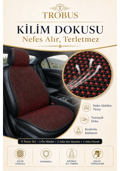 Honda Civic 1999-2006 Üniversal Premium Örme 5 Parça Minder Terletmez Kaymaz Taban Siyah Kırmızı
