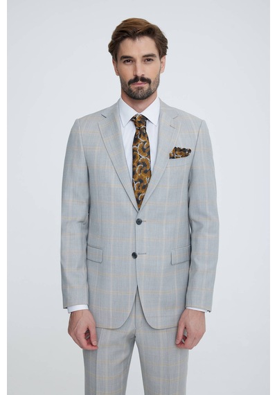 Erkek Gri Bej Regular Fit Ekose Takım Elbise Gri - Bej
