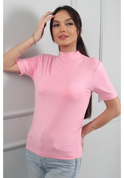 By Saygı Kadın Dik Yaka Dirsek Kol Yanları Büzgülü Likralı Bluz Pembe