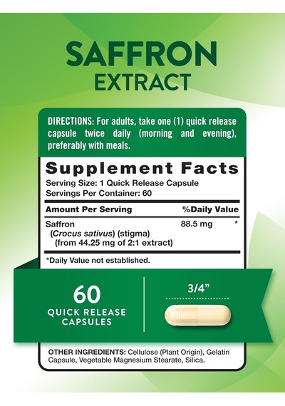 Nature's Truth Saffron Safran Extract Capsules 60 Count Conc