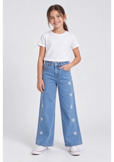 Rony Pony Kids Kız Çocuk Yıldız Nakışlı Bol Paça Jean Pantolon Açık Mavi Yüksek Bel Denim