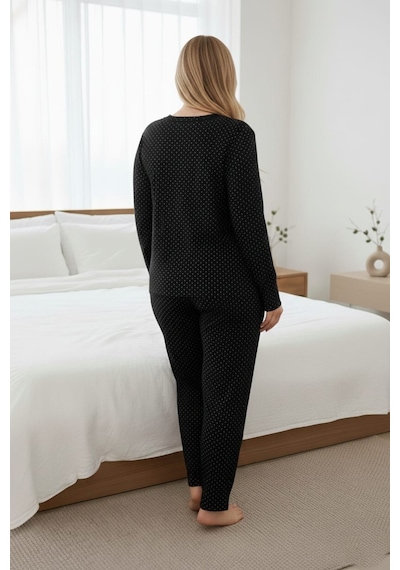 Eyfuze Kadın Büyük Beden Desenli Yakası Düğmeli Uzun Kollu Bambu Pijama Takımı Siyah