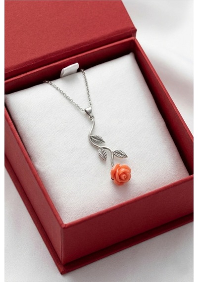 Çekirdekjewelry 925 Ayar Gümüş Pembe Güllü Ters Kolye Gri