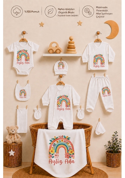 Pia Baby Kız Bebek Hastane Çıkışı 10 Parça %100 Pamuk Kişiye Özel İsimli Organik Baskılı Set 1023103x Ekru