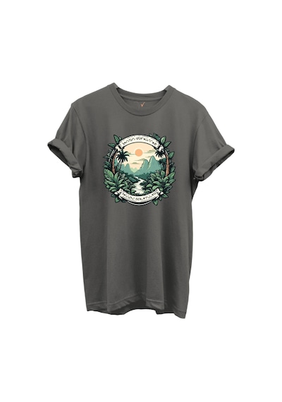 Tropikal Orman Ve Dağ Manzaralı Hunting Doğa Temalı %100 Pamuk Regular Fit Unisex T-shirt Gri