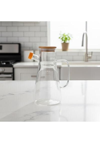 Deconox 1 Adet 900 Ml Bambu Kapaklı Borosilikat Cam Yağlık Ve Sirkelik, Isıya Dayanıklı Ve Ölçekli Tasarım, Dam Diğer