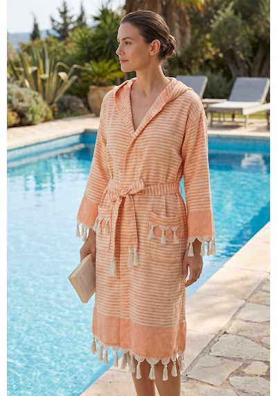 Kapşonlu Unisex Peştemal Plaj Bornozu %100 Pamuklu Seaside Stripe Turuncu