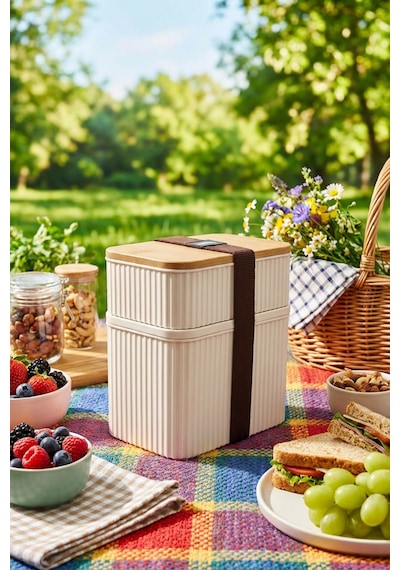 Makri Home 2 Parça Bambu Kapaklı Saklama Kabı Seti - 1l + 0,5l Üst Üste Koyulabilir Krem
