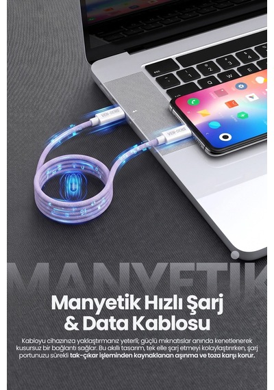 Ven-dens Vd-dca04 60 W Pd Type-c To Type-c Manyetik Hızlı Şarj Ve Veri Kablosu, 1 Metre, Kumaş, Mor