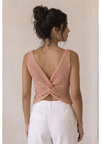 Neden Tekstil Twist Knot Detaylı Premium Kadın Triko Bluz V Yaka Örgü Dokulu Şık Crop Tasarım - Somon