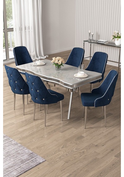 Canisa Vae Serisi 90x160 Lak Panel Beyaz Mermer Desen Krom Ayak Masa Takımı 6 Lacivert Sandalye Beyaz Mermer Desen Masa Sandalyeler Lacivert Canisa Vae Serisi 90x160 Lak Panel Beyaz Mermer Desen Krom Ayak Masa Takımı 6 Lacivert Sandalye Beyaz Mermer Desen Masa Sandalyeler Lacivert