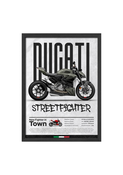 Ducati Street Fighter Siyah Ahşap Çerçeveli Poster, Dekoratif Motosiklet Duvar Tablosu