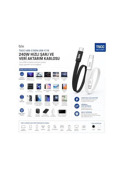 Bix T5cc-bk Siyah 1 Metre 240w Type-c To Type-c Örgülü Hızlı Şarj Ve Data Kablosu, 480mbps 240w Type C Turbo Şarj Diğer
