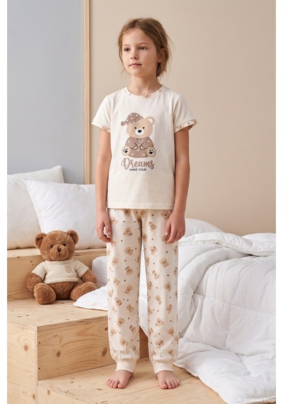 Remsa Kız Çocuk Kısa Kol Baskılı Penye Pijama Takımı 6510 Krem01