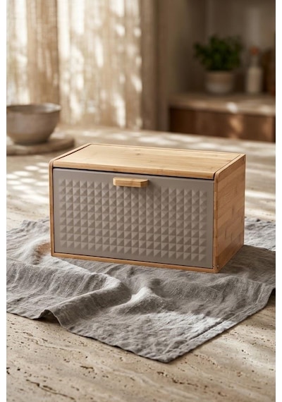 Atbyhome Çift Açılır Kapaklı Doğal Bambu Ekmek Kutusu 35.5x23.5x21 Cm - Mat Metal Kapaklı Tezgah Üstü Ekmeklik Gri