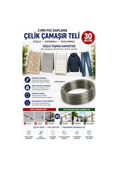 3 Mm Pvc Kaplama Çelik Çamaşır Teli 30 Metre Paslanmaz Güçlü Çamaşır Asma Teli İç Ve Dış Mekan Kulla Çok Renkli