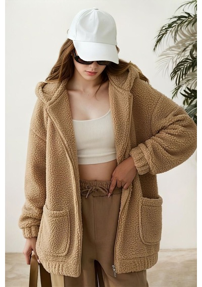Aclassics Peluş Kuzu Kıvırcık Torba Cepli Kolej Mont Siyah Ks2526 Camel