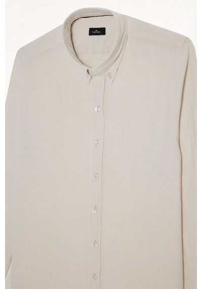 Tudors Erkek Slim Fit Dar Kesim %100 Pamuk Düğmeli Yaka Flam Keten Ekru Gömlek-50277