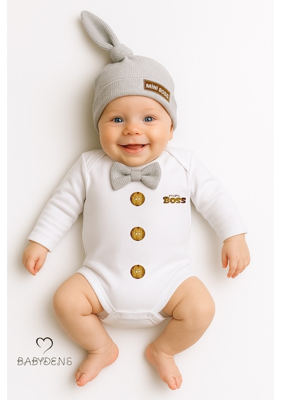 Babyden's Mini Boss Papyonlu Erkek Bebek Body Seti Şapkalı Yenidoğan Bebek Body-zıbın Takım Gri