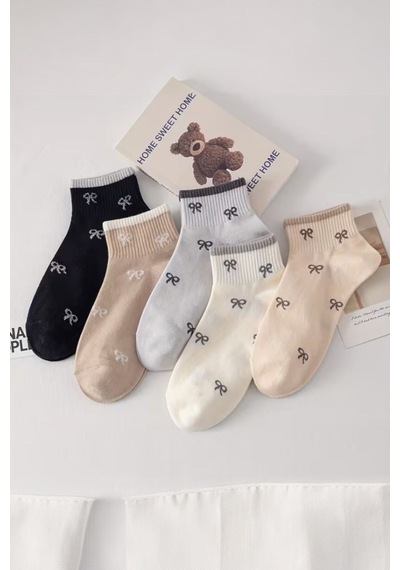 Hitit Socks Kadın 5 Çift Premium Kalite Mini Kurdale Desenli Sevimli Kısa Kolej Çorap Asorti