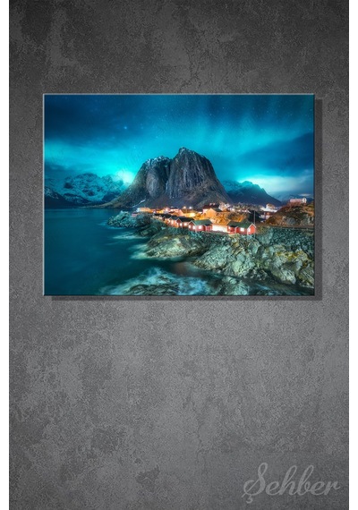 Norveç Lofoten Adaları Kuzey Işıkları Aurora Borealis Manzarası Yatay Kanvas Tablo 4365 Çok Renkli
