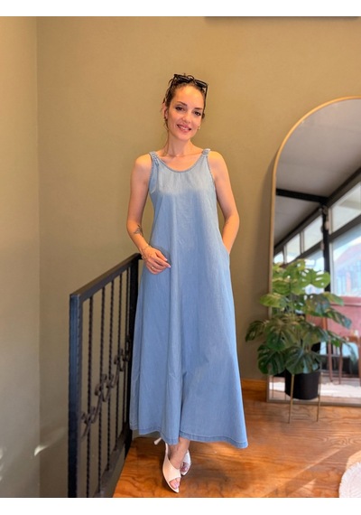 Ali Butik Açık Mavi Askıları Lastikli Tensel Elbise Ali Butik Açık Mavi Askıları Lastikli Tensel Elbise