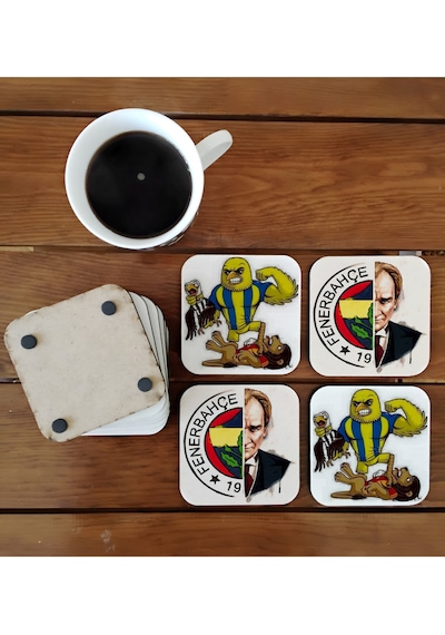 Fenerbahçe Atatürk Dekoratif Ahşap Bardak Altlığı Seti 018 Çok Renkli