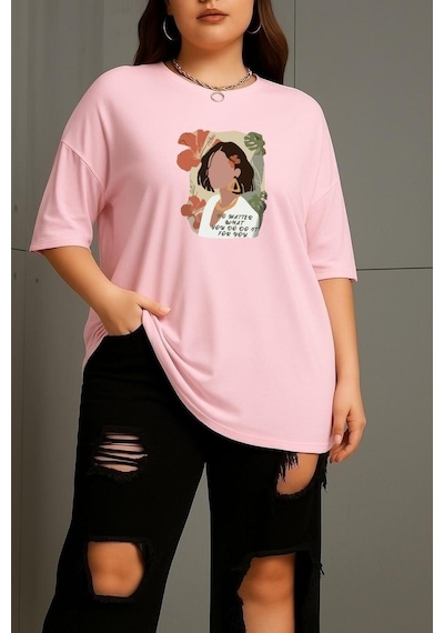 Büyük Beden Renkli Kadın Baskılı Unisex Tişört Pembe