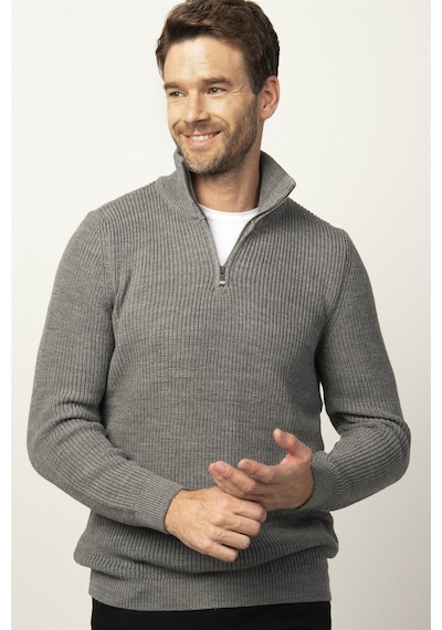 Tudors Slim Fit Dar Kesim Dik Yaka Fermuarlı Erkek Kazak-26253 Gri