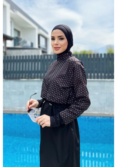 Remsa Paraşüt Önü Kapaklı Tam Kapalı Tesettür Mayo R045 Siyah Monogram Siyah