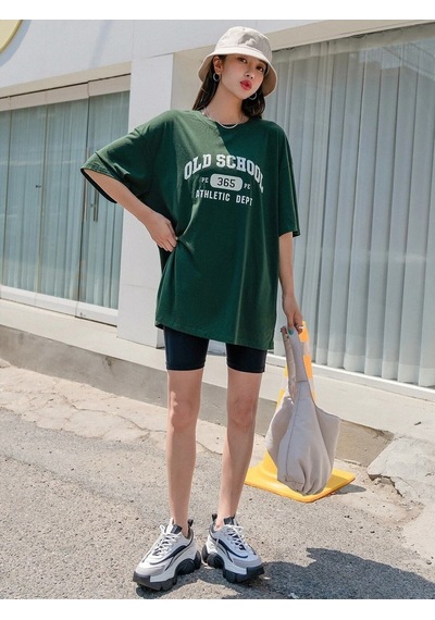 Flood Of Style Kadın Nefti Yeşil Old Scholl 365 Baskılı Oversize T-shirt