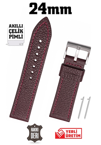 24mm Bordo Spor Hakiki Deri Saat Kordonu Kayış Akıllı Pimli