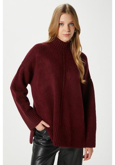 Ritnice Kadın Wonder Yumuşacık Dik Yaka Bordo Yırtmaçlı Oversize Triko Kazak Bordo