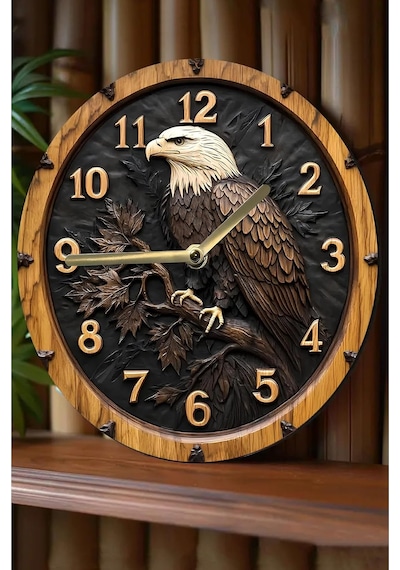 Sessiz Yuvarlak Ahşap Duvar Saati, Kuvars Hareketli 2d Kartal Desen Sdw024