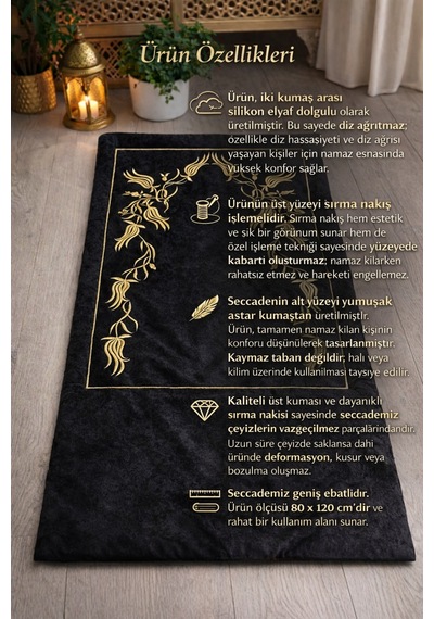 Sırma Nakış İşlemeli Çeyizlik - Diz Ağrıtmaz / Ortopedik Arası Elyaf Dolgulu Seccade 80x120 Ebat Gri