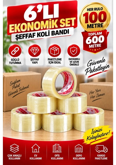 Vege 6 Lı Şeffaf Koli Bandı Seti 100 Metre Toplam 600 Metre Güçlü Yapışkanlı Paketleme Ve Kargo Ba Diğer