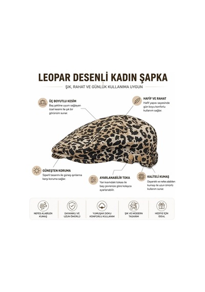 Valkyrie Kadın Leopar Desenli Keten Kasket Şapka Ayarlanabilir Tokalı Yazlık Şık Kep Şapka Kahverengi