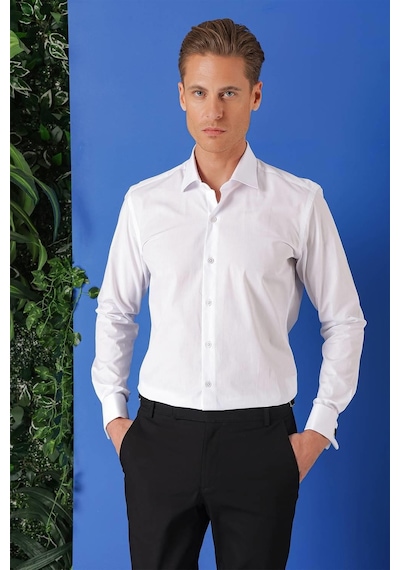 Efor Slim Fit Duble Manşet %100 Pamuk Klasik Beyaz Gömlek Gk 682 Beyaz