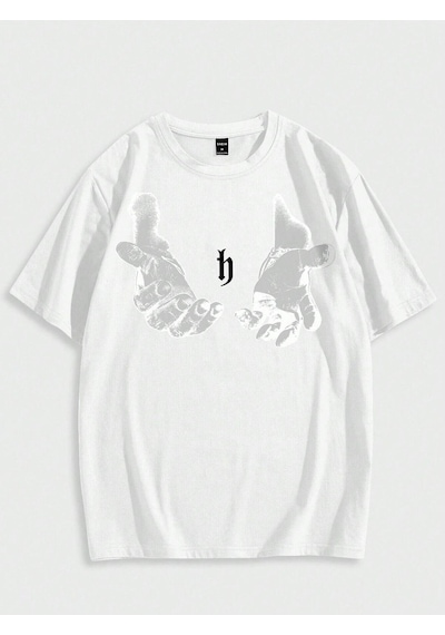 Erkek El Baskı Oversize Beyaz Baskılı T-shirt - Bisiklet Yaka Kısa Kol Rahat Kalıp Tişört Beyaz Erkek El Baskı Oversize Beyaz Baskılı T-shirt - Bisiklet Yaka Kısa Kol Rahat Kalıp Tişört Beyaz
