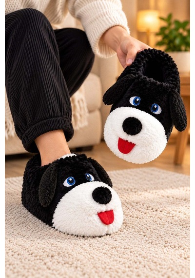 Modafocus Sevimli Köpek Figürlü Peluş Unisex Ev Pandufu - Sevgili Kombin - Gri Dilli Gri Dilli