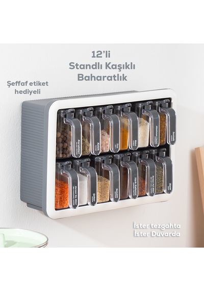 Porsima 1118 12li Standlı Kaşıklı Kapaklı Baharatlık Seti Antrasi Antrasit - Beyaz