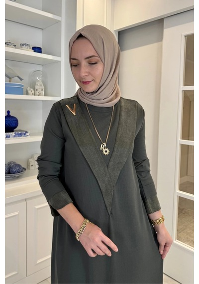 Rabia Şamlı Venüs Cupra Detaylı Triko Elbise Haki Normal