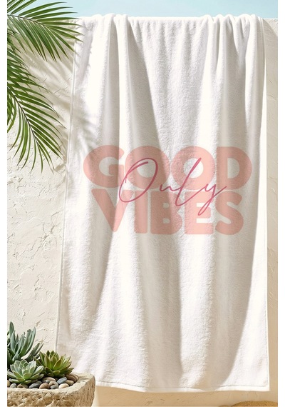 Good Vibes Yazı Temalı Plaj Havlusu - Minimalist Modern Pudra Hızlı Kuruyan Mikrofiber Havlu Köpük Çiçeği