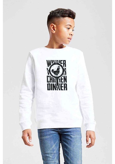 Tshirthane Pubg Winner Tava Tavuk Baskılı Unisex Çocuk Beyaz Sweatshirt