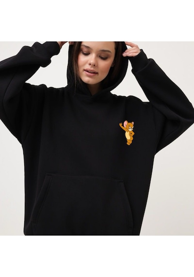 Jerry Baskılı Oversize Unisex Kapüşonlu Sweatshirt Siyah