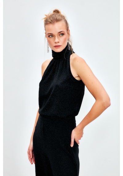 Sateen Kolsuz Parlak Bluz - Siyah