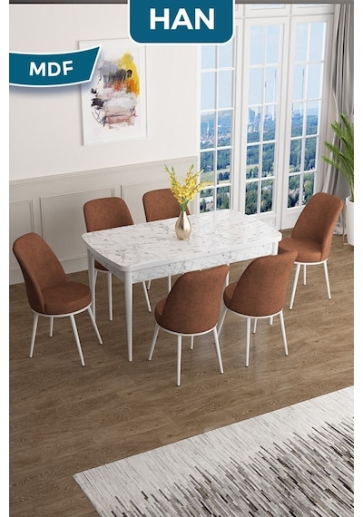 Canisa Han Serisi, 70x114 Açılabilir Mdf Masa Takımı, Beyaz Mermer Desen Masa Ve 6 Kiremit Sandalye Masa Beyaz Mermer Sandalyeler Kiremit Canisa Han Serisi, 70x114 Açılabilir Mdf Masa Takımı, Beyaz Mermer Desen Masa Ve 6 Kiremit Sandalye Masa Beyaz Mermer Sandalyeler Kiremit