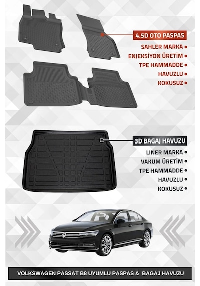 Sahler Volkswagen Passat B8 2015-2023 Uyumlu 4.5d Premium Havuzlu Oto Paspas Ve Liner Marka 3d Bagaj