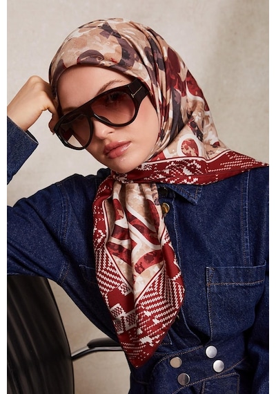 Levidor Desenli Twill İpek Eşarp-0918 Kırmızı