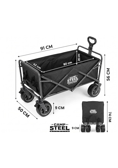 Camp Steel 100 Litre Fren Sistemli, Rulmanlı, Kalın Teker, Xxl Boy Katlanır Vagon 91x50x56 Cm Plaj Taşıma Ve Kamp Piknik Arabası - Siyah